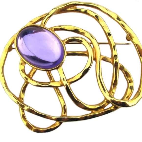 Modernist Big Purple Glass Stone in A
Golden Maze Pin Brooch - Picture 2 of 5